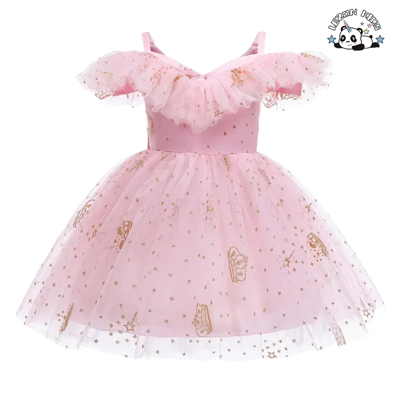 LEZONKIDS - Vestido de Menina Cor Sólida Roupas Infantis Coroa Lantejoulas Saia de Princesa Malha de Gaze Saia